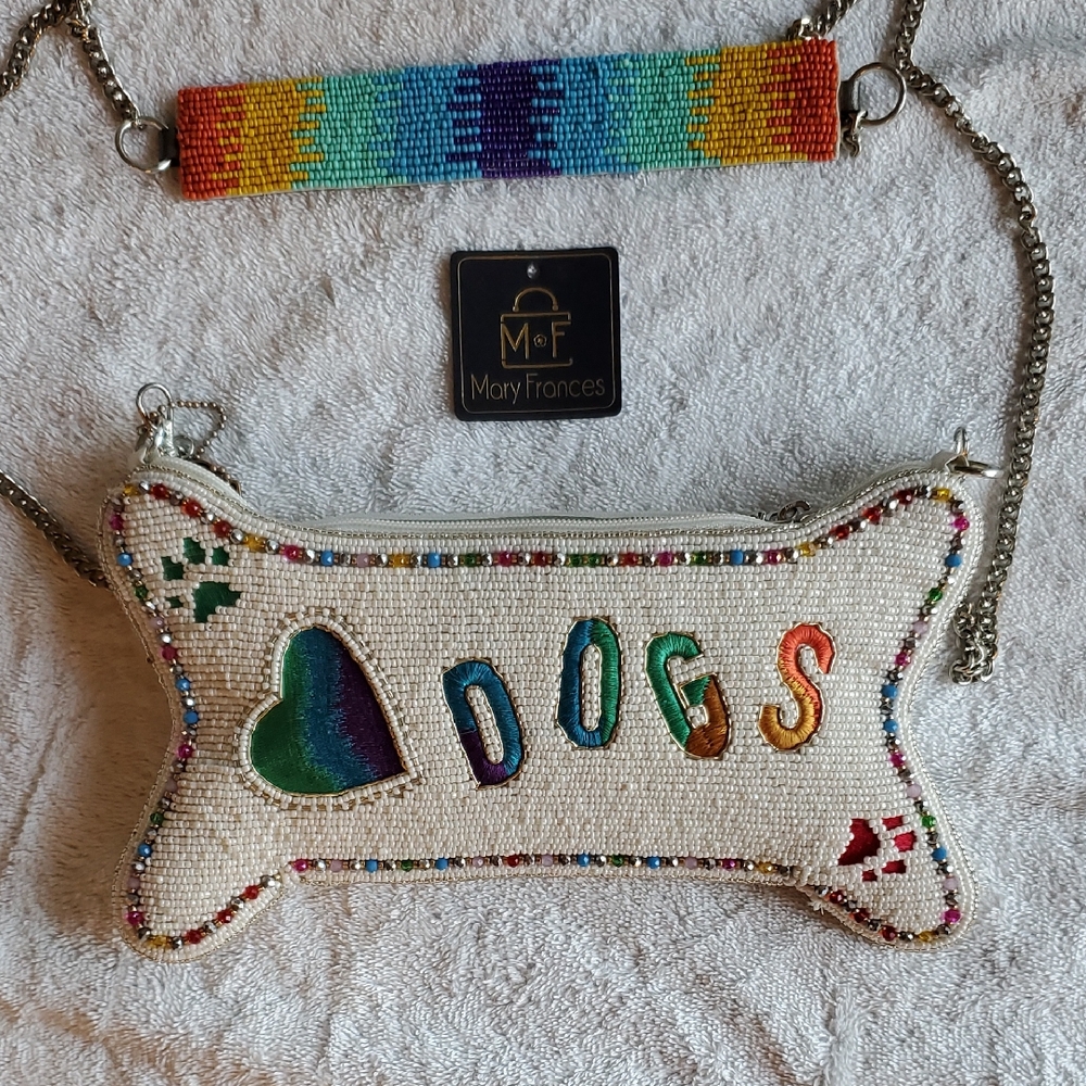 Mary Frances Beaded Dog Bone-Shaped Handbag with Rainbow Strap. Beautiful Beads